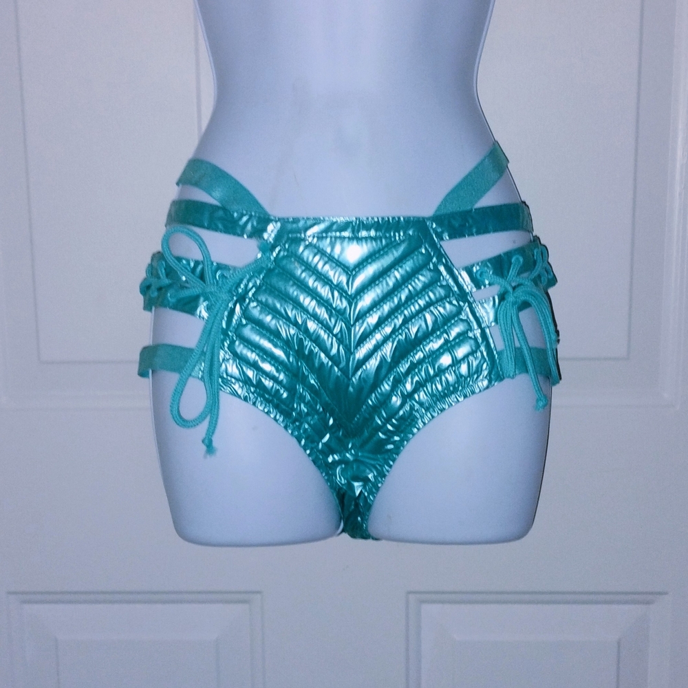 High-Waist Metallic Teal Lace-Up Women’s Shorts